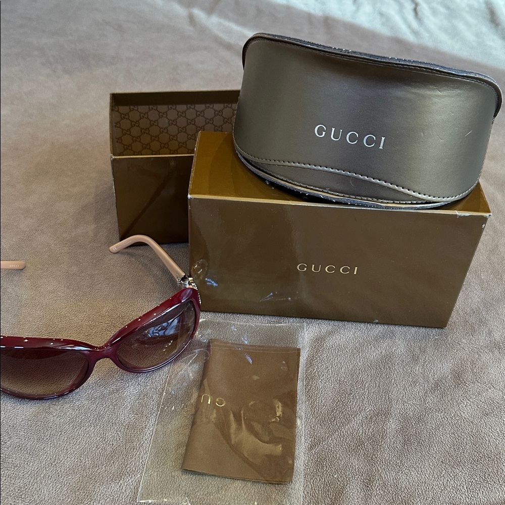 Gucci Bamboo GG Logo Crystal Gold Maroon Sunglasses w/Case + Box
